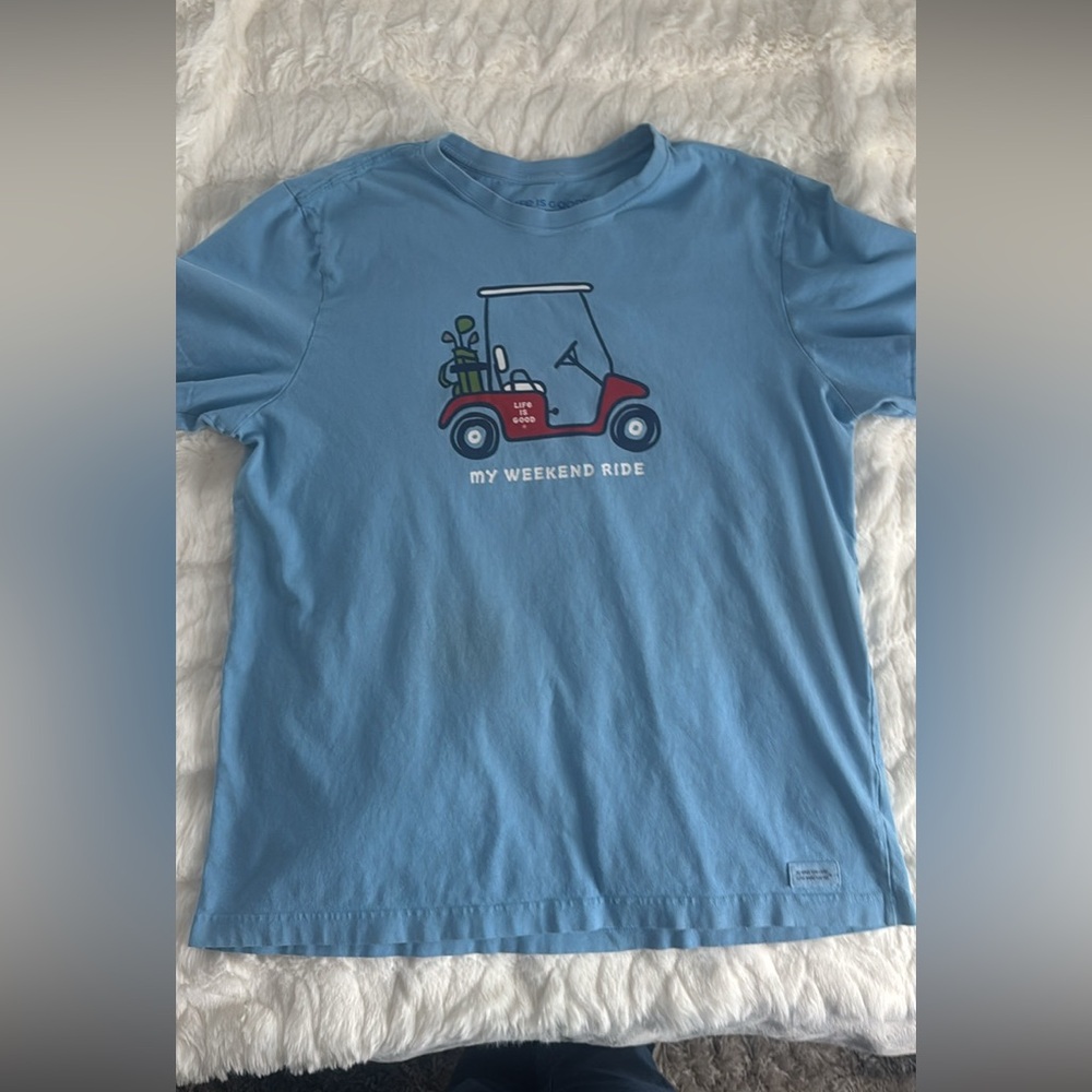 Life Is Good Light Blue Tee with Red Golf Cart Graphic